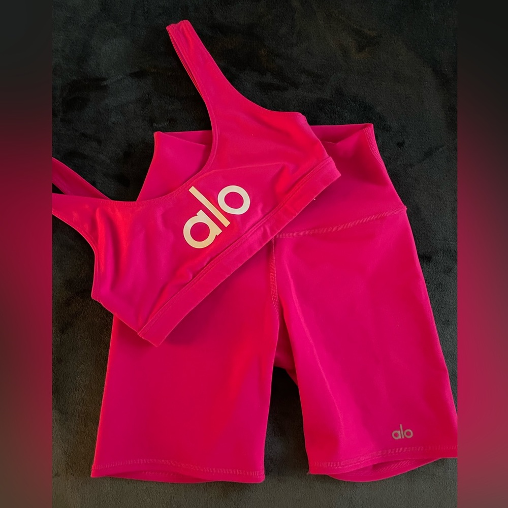 Alo Yoga Hot Pink Bike Shorts Sports Bra Activewear Set